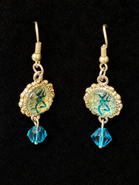 ⚜️ Browning | Enamel Deer Logo Drop Earrings | Gold-Tone Teal Crystal 💗